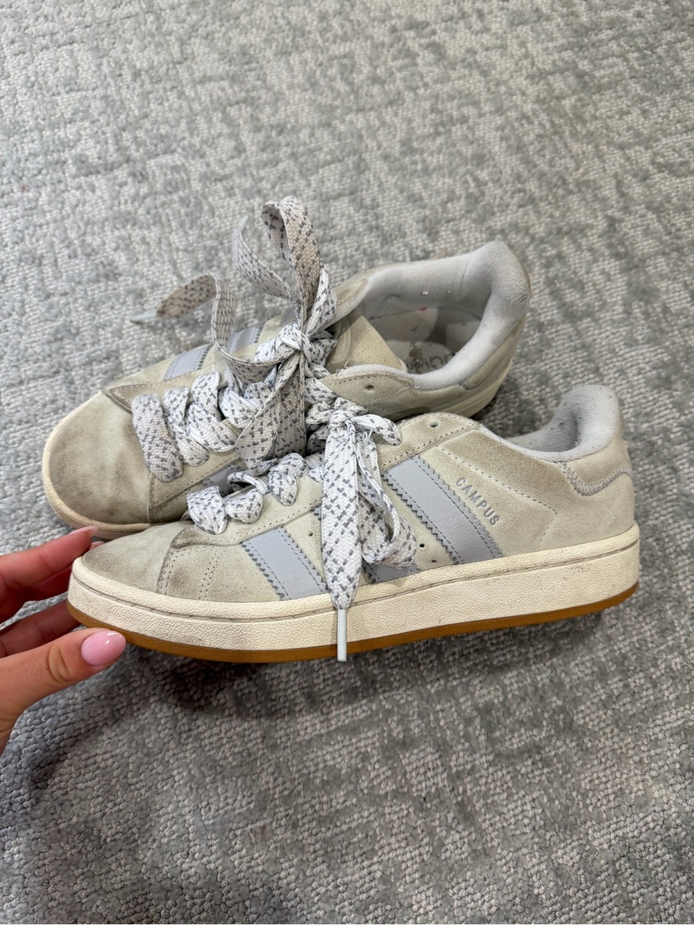 adidas Campus Suede Low-Top Sneakers in Light Gray and Gum